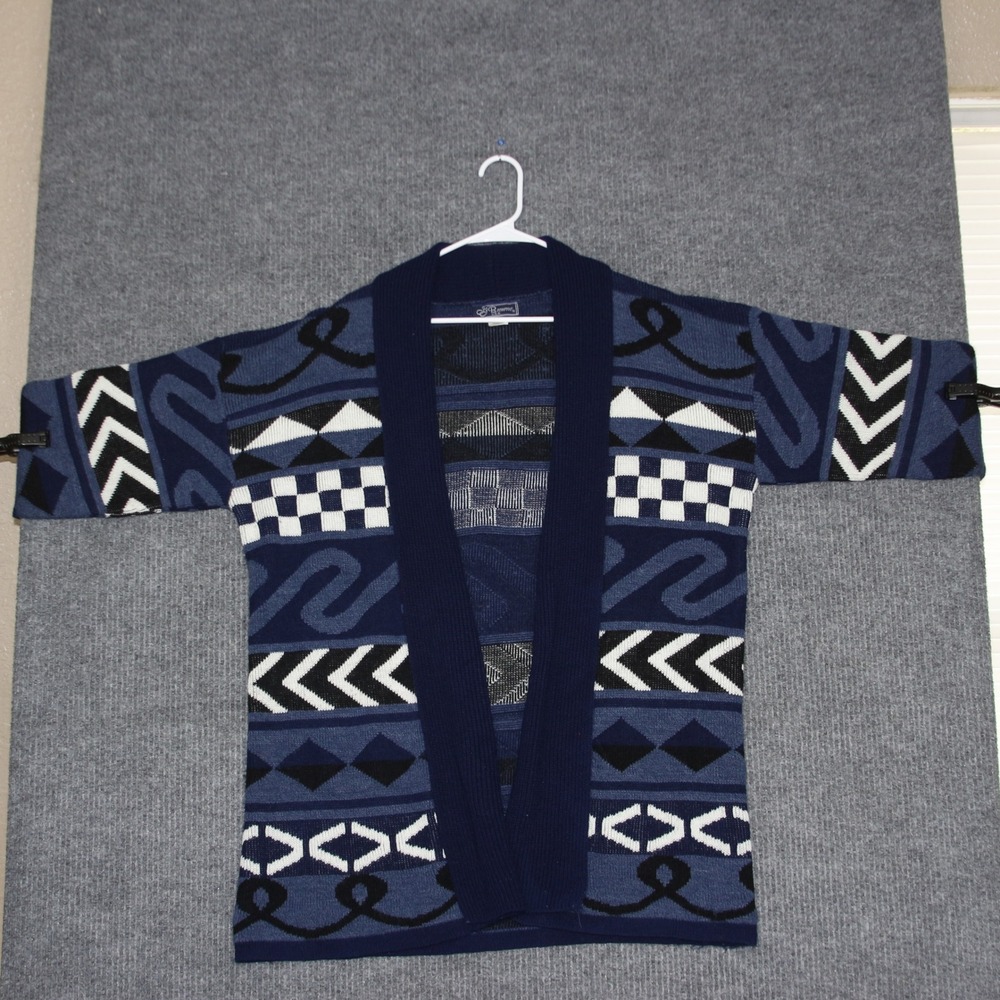 VTG‎ JJ Browne USA Womens Large Blue Geometric Knit Open Front Cardigan Sweater